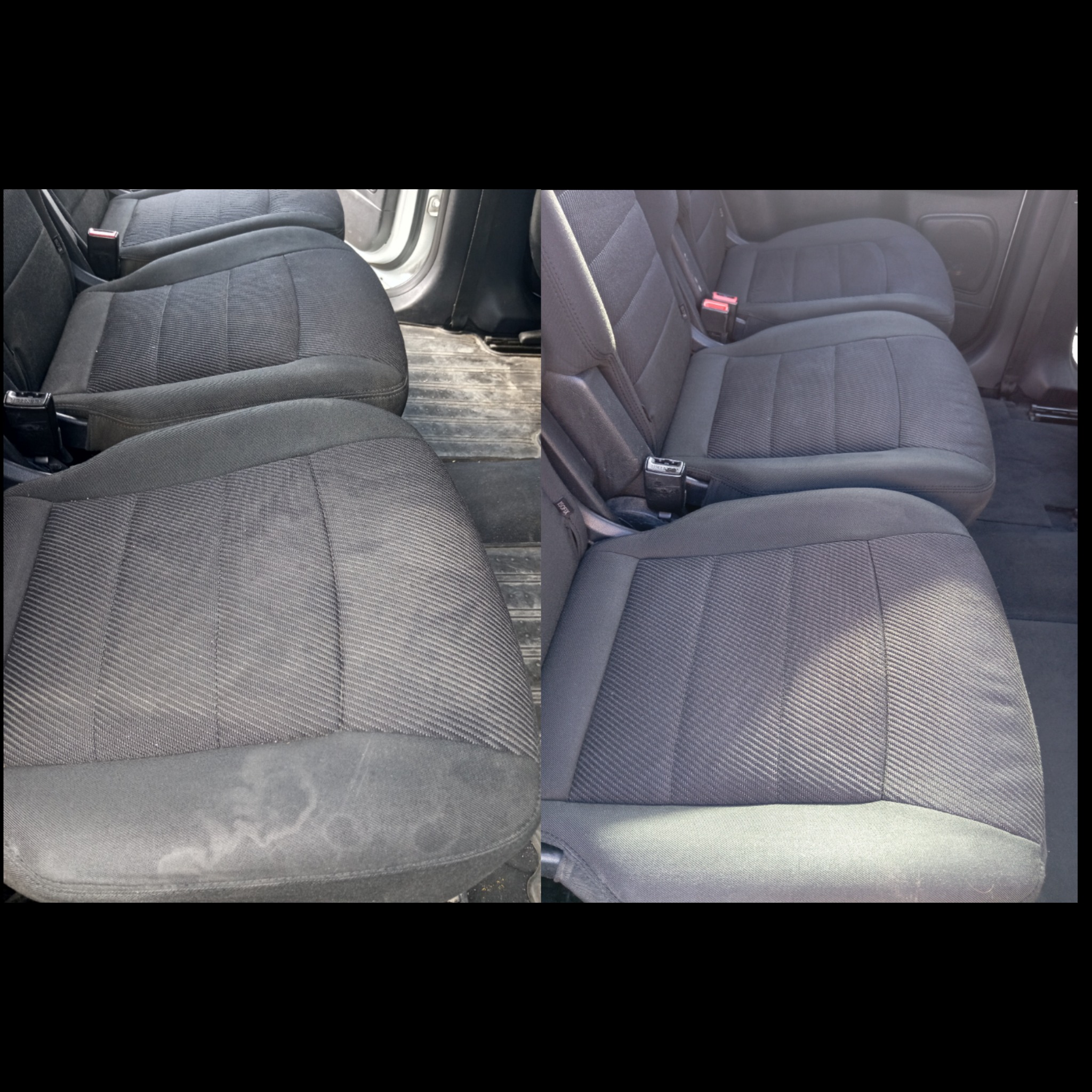 Fotele samochodowe: porównanie stanu przed i po czyszczeniu. Widoczne plamy usunięte, tapicerka odświeżona, poprawa estetyki wnętrza pojazdu.