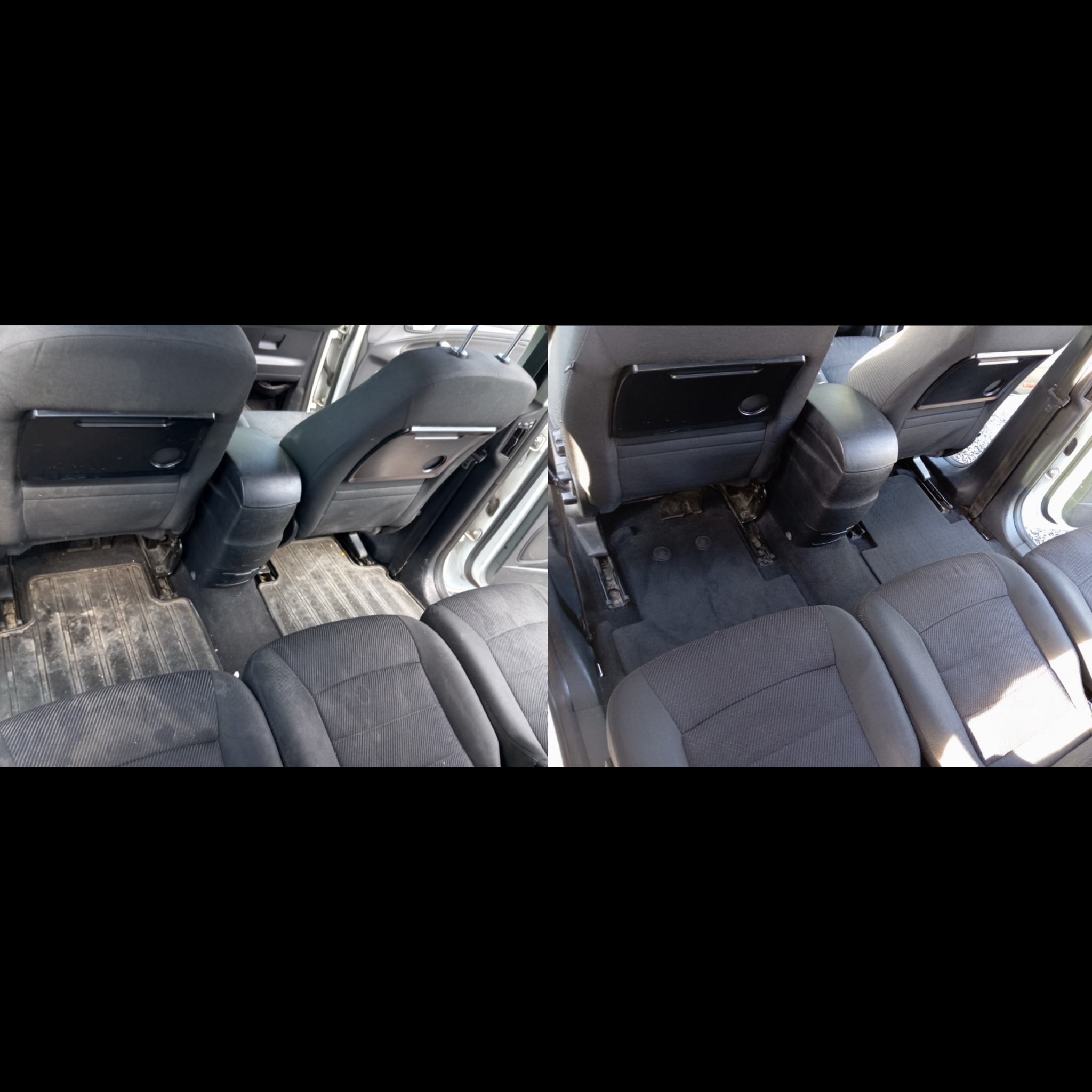 Tapicerka samochodowa przed i po praniu. Widoczne fotele, podłoga i dywaniki. Z lewej strony brudne, z prawej czyste. Efekt czyszczenia tapicerki.