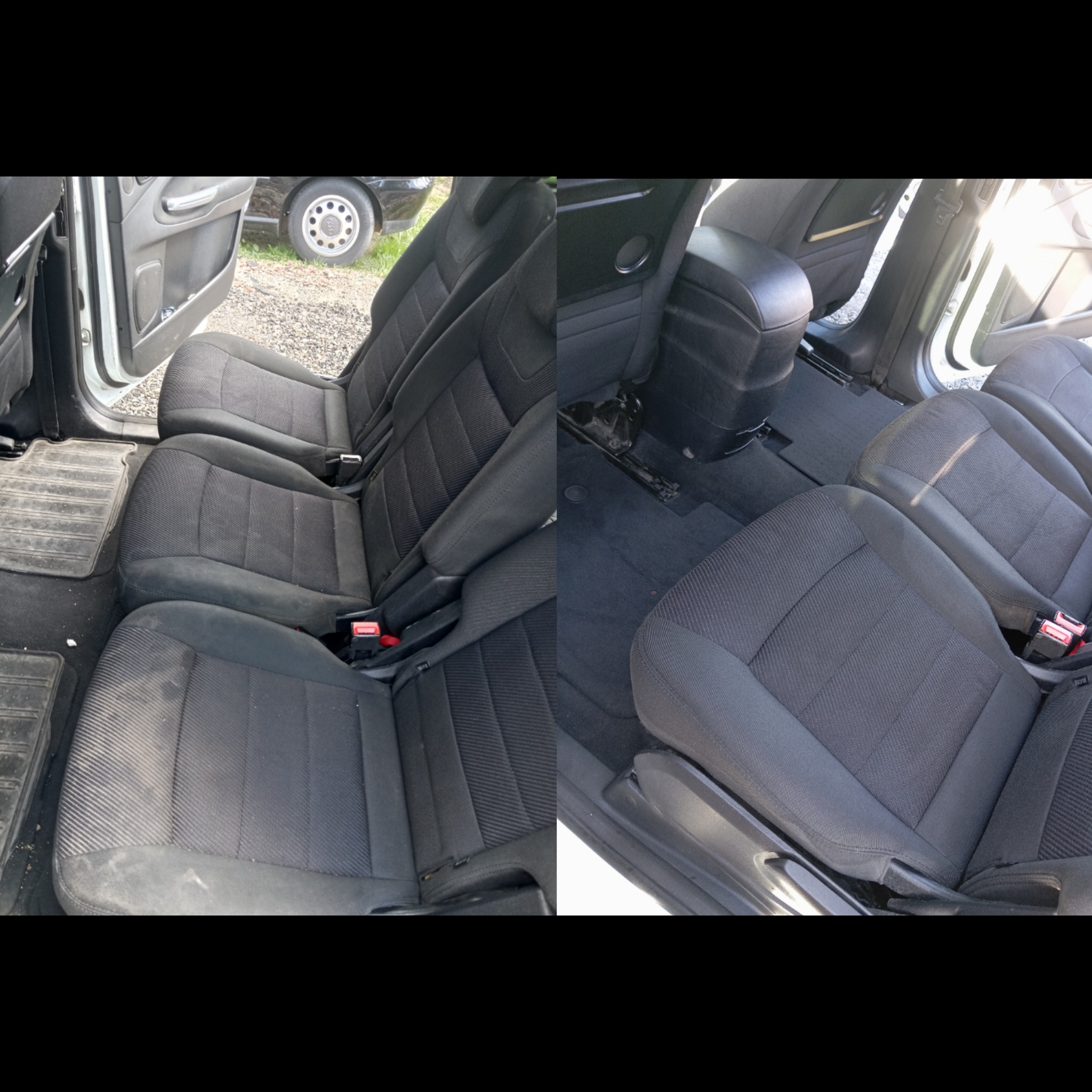 Efekt przed i po: czyszczenie tapicerki samochodowej. Po lewej stronie widoczne zabrudzone fotele, po prawej - czyste, odświeżone. Widoczna różnica w kolorze i fakturze.