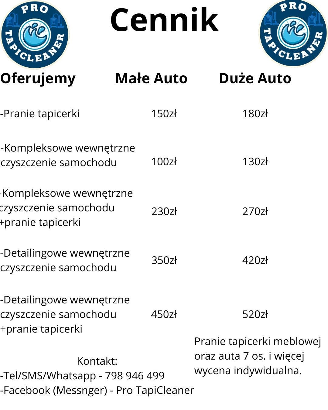 Cennik usług: pranie tapicerki samochodowej (małe/duże auto), kompleksowe czyszczenie wnętrza, detailing z cenami. Kontakt tel/SMS/WhatsApp i Facebook.