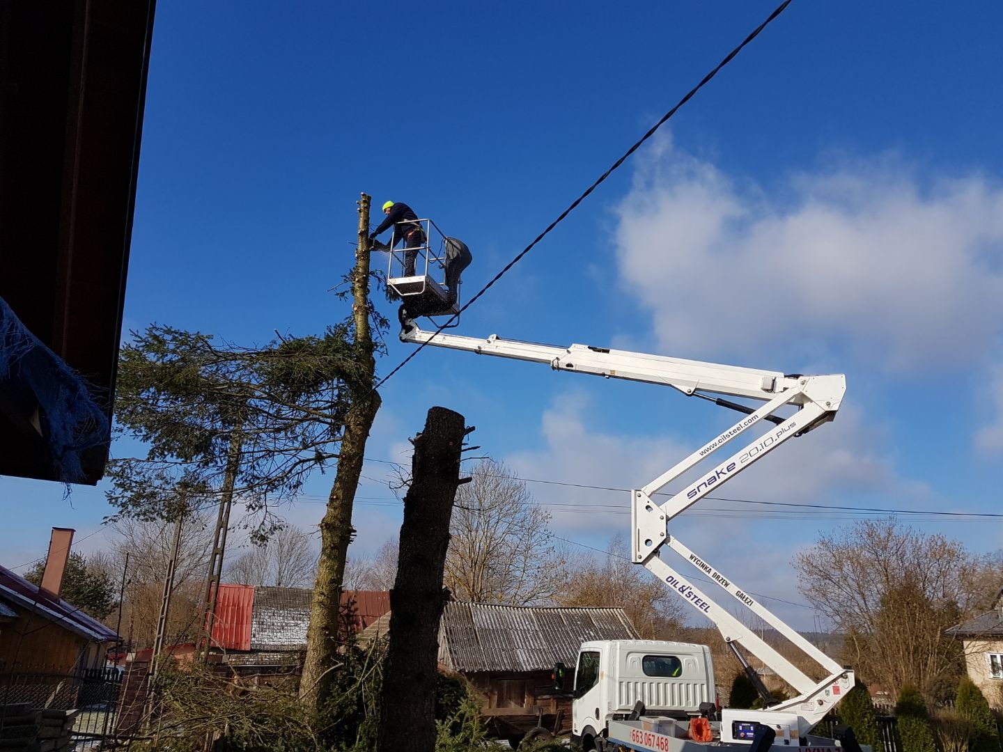 Pracownik na podnośniku koszowym przycina wysokie drzewo iglaste w słoneczny dzień. Część drzewa już usunięta, widoczny pień. Biały podnośnik z napisem.