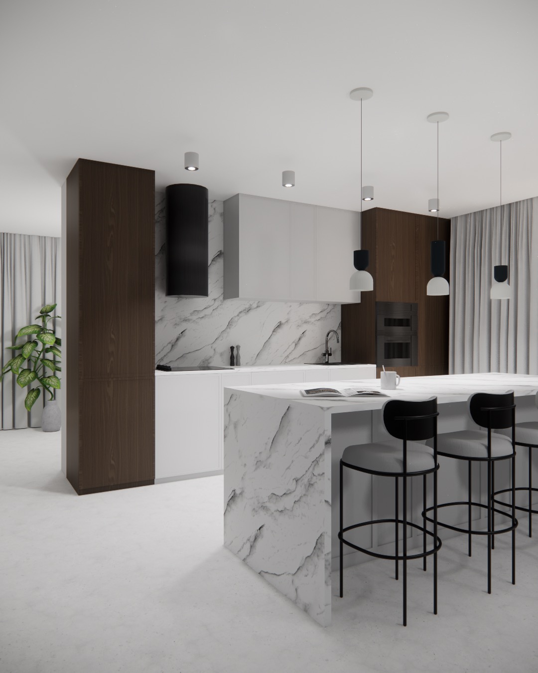 Nowoczesna kuchnia z marmurową wyspą i hokerami. Uwagę zwraca drewniana zabudowa i minimalistyczne lampy wiszące. W tle widoczny salon z rośliną doniczkową.