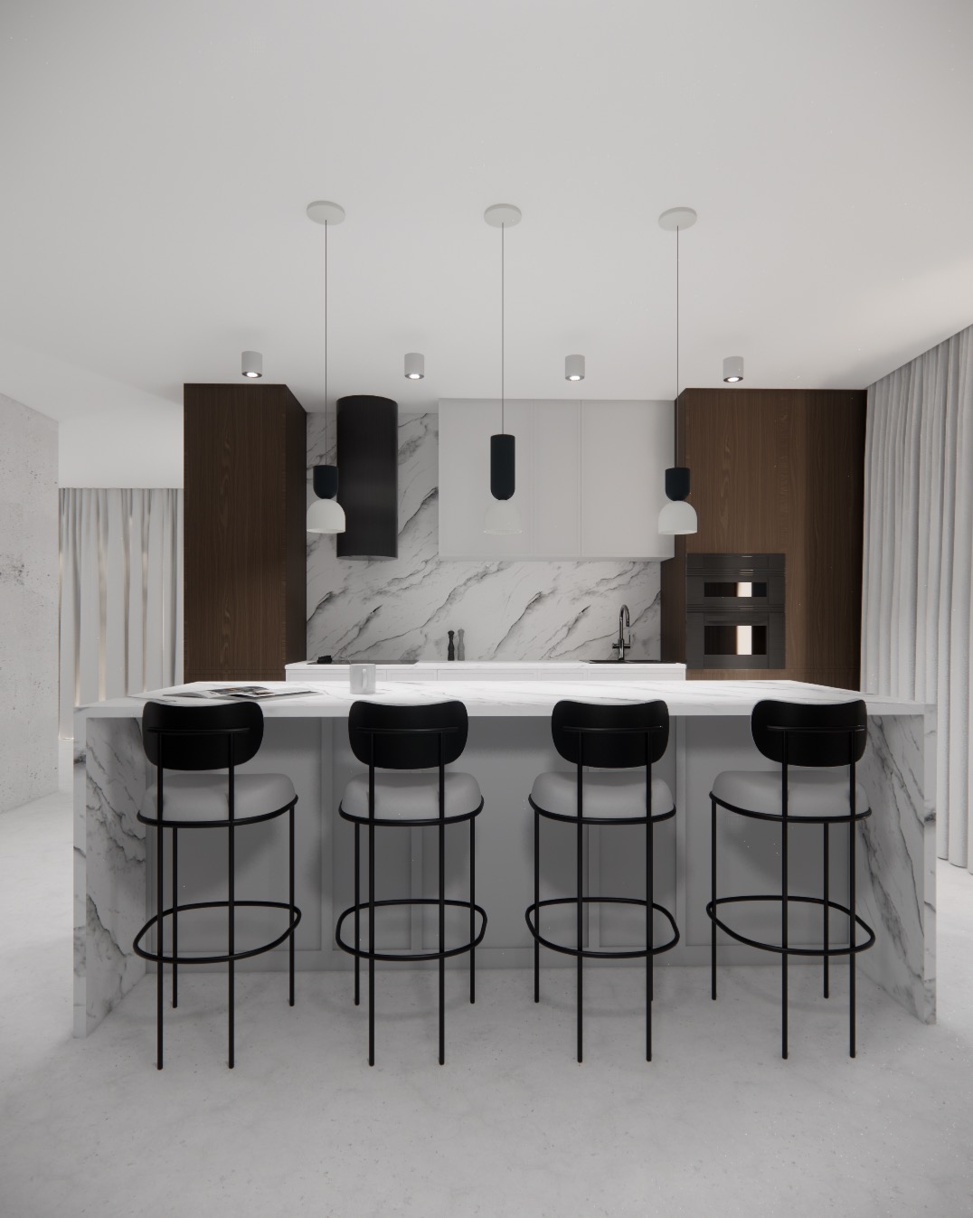 Nowoczesna kuchnia z marmurowym blatem, czarnymi hokerami i wiszącymi lampami. Minimalistyczny design z drewnianymi akcentami i marmurowym backsplash.