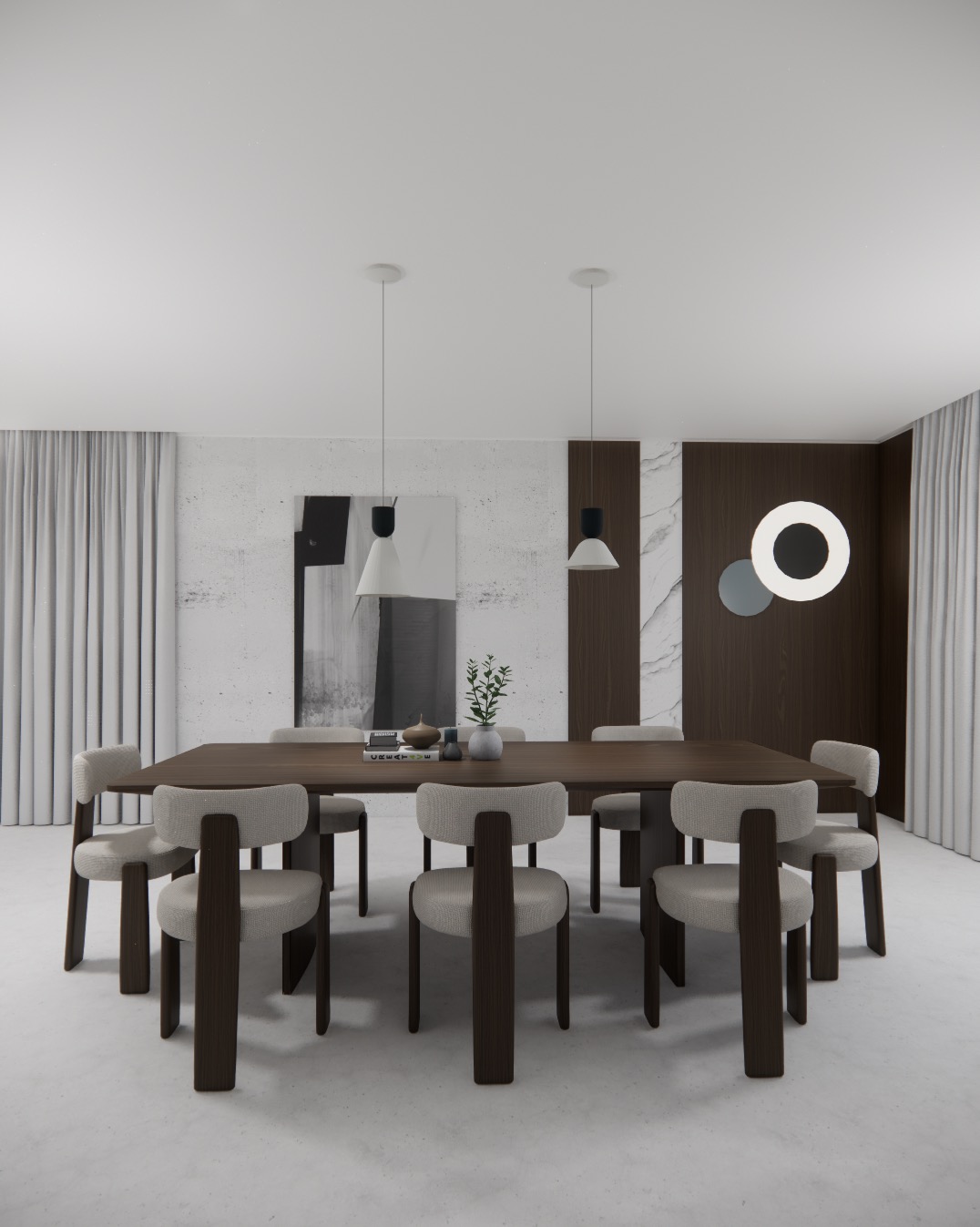 Minimalistyczna jadalnia: ciemny stół otoczony beżowymi krzesłami, wiszące lampy, abstrakcyjny obraz i dekoracyjny panel ścienny z okręgiem. Stonowana kolorystyka.