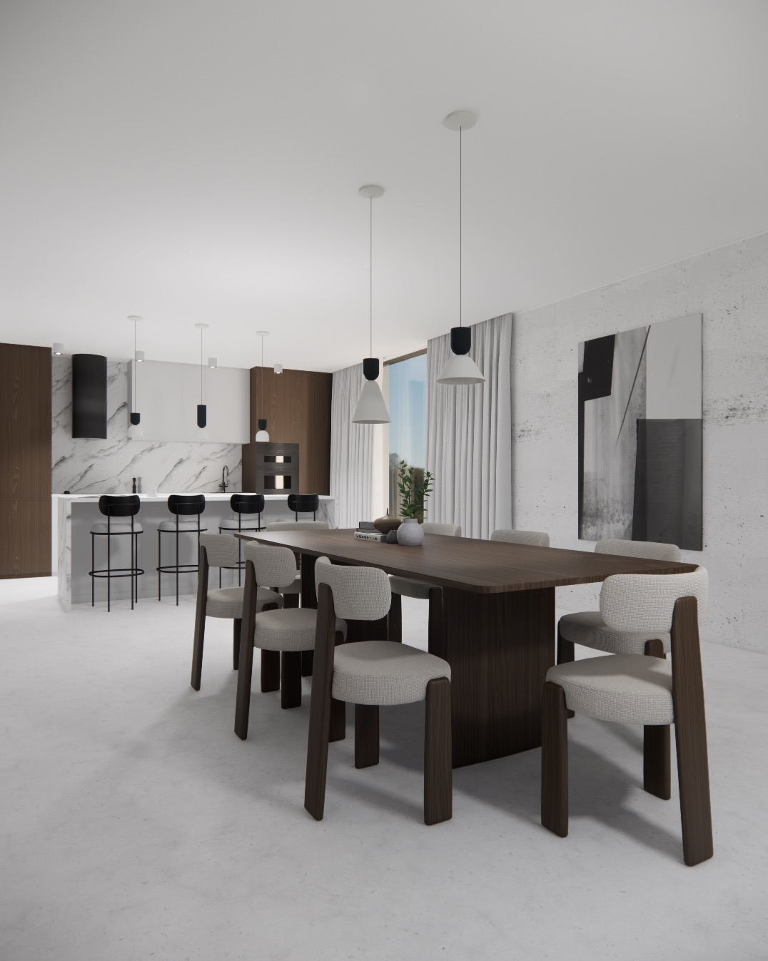 Nowoczesna jadalnia z drewnianym stołem i krzesłami na tle otwartej kuchni z marmurowym blatem i minimalistycznym oświetleniem. Abstrakcyjny obraz na ścianie.