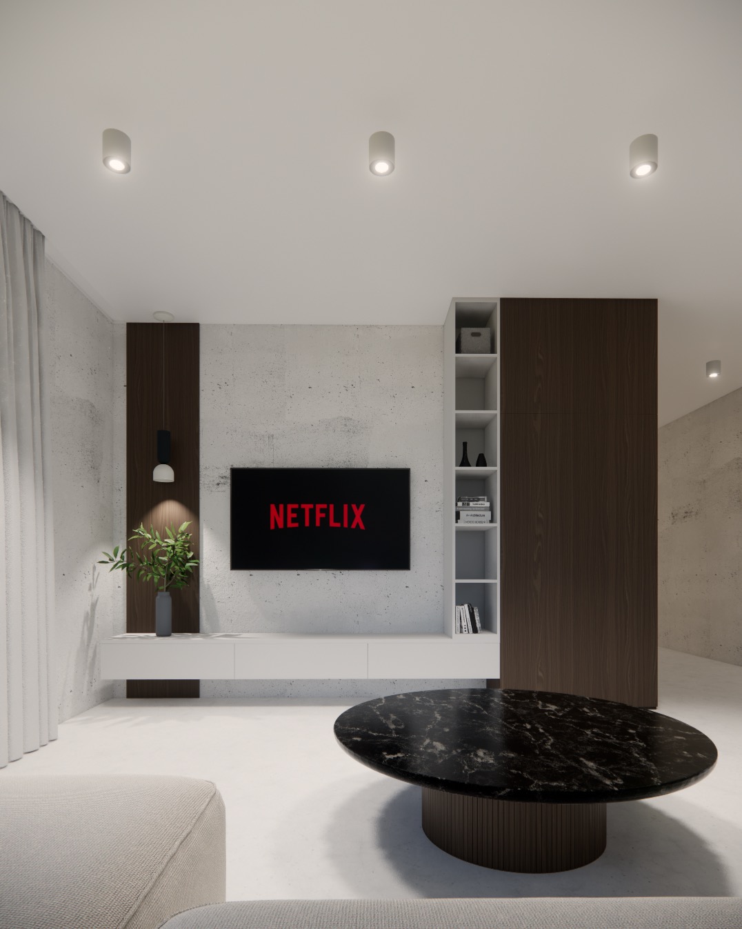 Minimalistyczny salon z telewizorem z logo Netflix, okrągłym stolikiem z czarnego marmuru i białymi zasłonami. Ściana z betonu architektonicznego, oświetlenie punktowe.