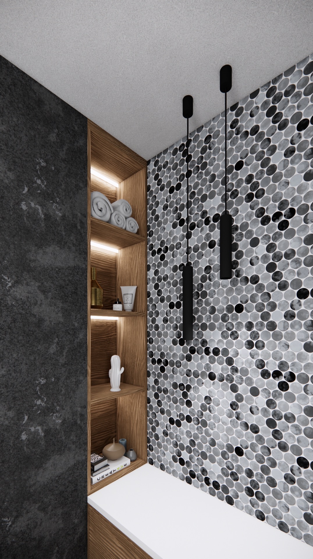 Wnęka z drewnianymi półkami, podświetleniem LED i dekoracjami, obok ściana z mozaiką w odcieniach szarości. Dwie czarne lampy wiszące nad blatem.