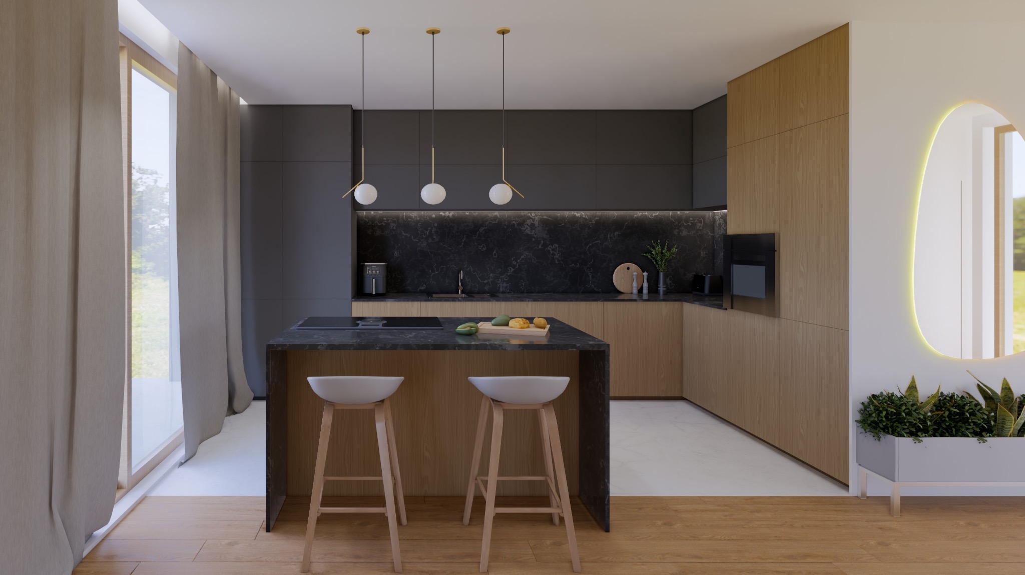 Nowoczesna kuchnia z wyspą, drewnianymi szafkami i blatem z ciemnego kamienia. Nad wyspą wiszą trzy lampy z okrągłymi kloszami. Minimalistyczny design, naturalne światło.