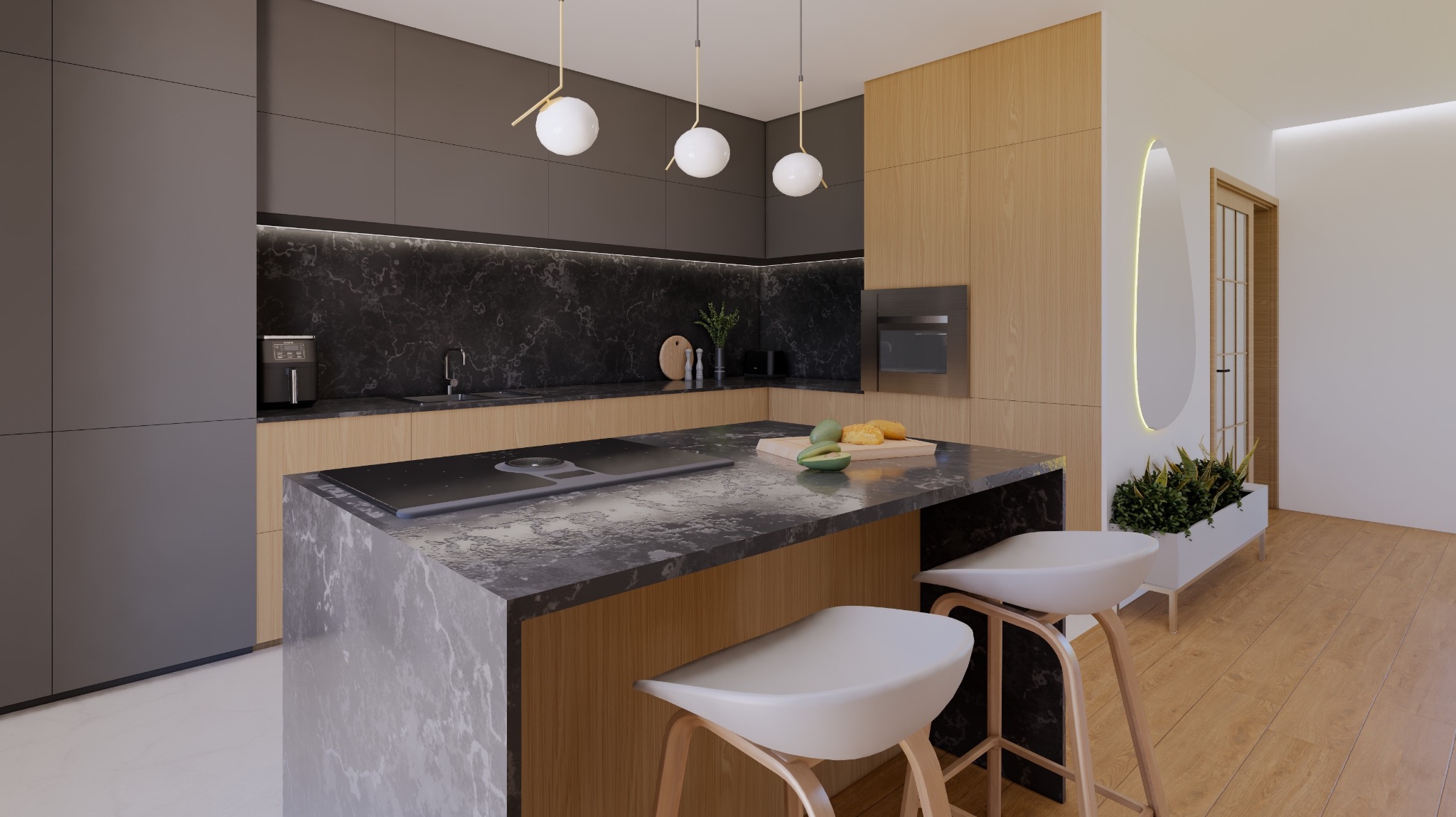 Nowoczesna kuchnia z wyspą i marmurowym blatem. Minimalistyczne krzesła barowe, oświetlenie punktowe i drewniane akcenty tworzą spójną całość.