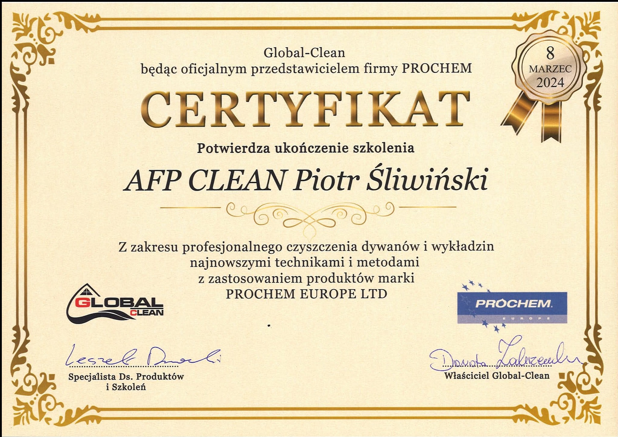 Certyfikat ukończenia szkolenia AFP CLEAN Piotr Śliwiński w zakresie profesjonalnego czyszczenia dywanów i wykładzin z użyciem produktów Prochem Europe LTD.