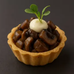 Kruche babeczki wypełnione duszonymi grzybami, zwieńczone kleksem majonezu i listkiem zieleniny na ciemnym tle. Elegancka przekąska.