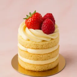 Mini tort z kremem i owocami na złotym talerzyku. Jasnoróżowe tło, oświetlenie studyjne. Widoczne warstwy ciasta przełożone kremem, dekoracja z truskawek i malin.