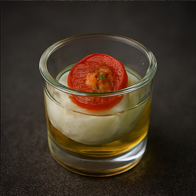 Elegancka przystawka: szklanka z puree ziemniaczanym, sosem i pomidorem koktajlowym z farszem. Nowoczesny catering na przyjęcie.