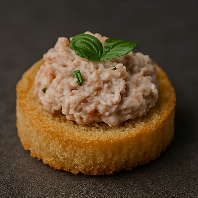 Kremowa pasta na grzance z dekoracją z bazylii i szczypiorku, prezentowana na ciemnym tle. Delikatne światło podkreśla teksturę pasty i chrupkość pieczywa.