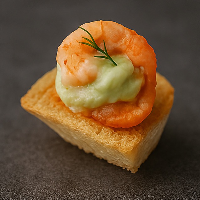 Elegancka kanapeczka z krewetką, kremem awokado i koperkiem na grzance, prezentowana na ciemnym tle. Delikatne oświetlenie podkreśla apetyczny wygląd.