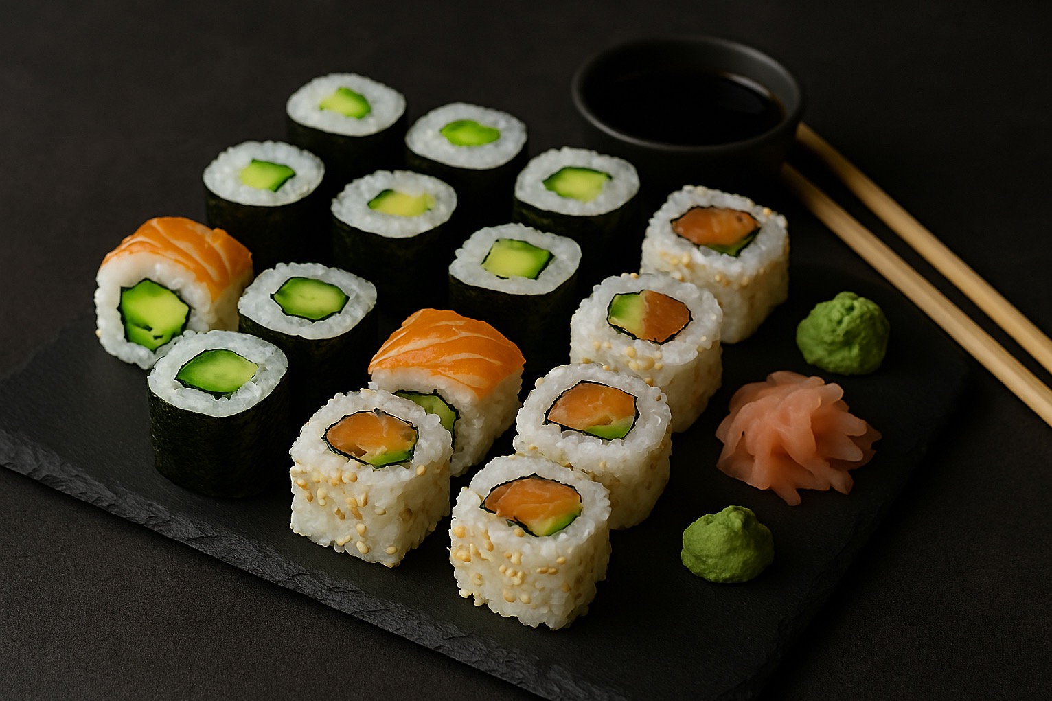 Zestaw sushi z łososiem i awokado na czarnym kamiennym talerzu, z sosem sojowym i wasabi. Ujęcie z góry, w minimalistycznym stylu.