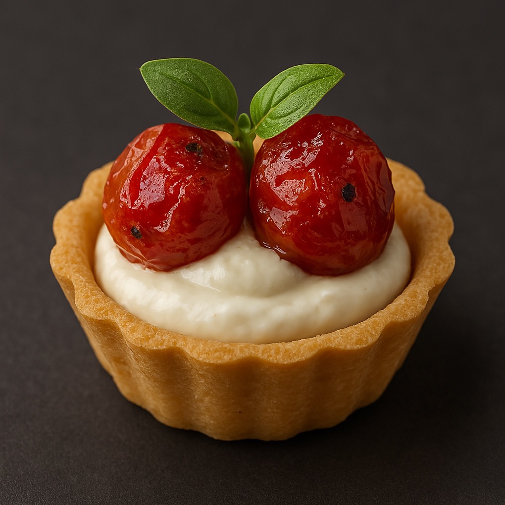 Elegancka tartaletka z kremowym nadzieniem, ozdobiona dwoma błyszczącymi, czerwonymi pomidorkami cherry i listkiem bazylii na ciemnym tle. Delikatne światło podkreśla detale.
