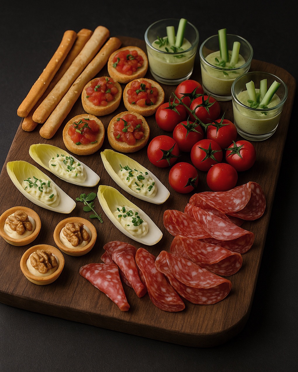 Elegancka deska z przekąskami: grissini, bruschetta, endywia z pastą, mini tartaletki z orzechami, salami i pomidorki koktajlowe. Idealne na przyjęcie.