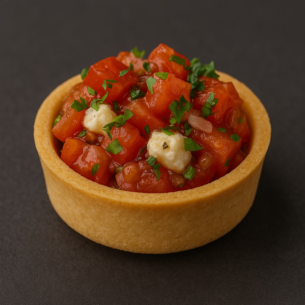 Mini tartaletka z pomidorami, mozzarellą i świeżą bazylią na ciemnym tle. Delikatne oświetlenie podkreśla świeżość składników.