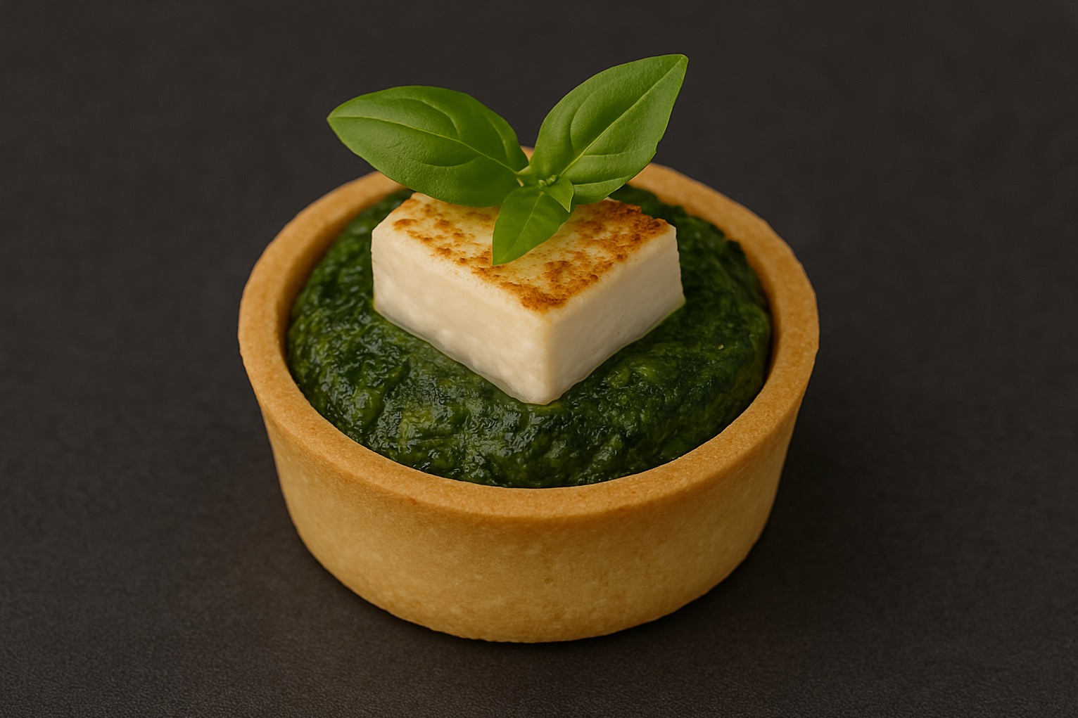 Tarta ze szpinakiem, serem halloumi i bazylią na ciemnym tle. Delikatne oświetlenie podkreśla detale dania, prezentując je w apetyczny sposób.