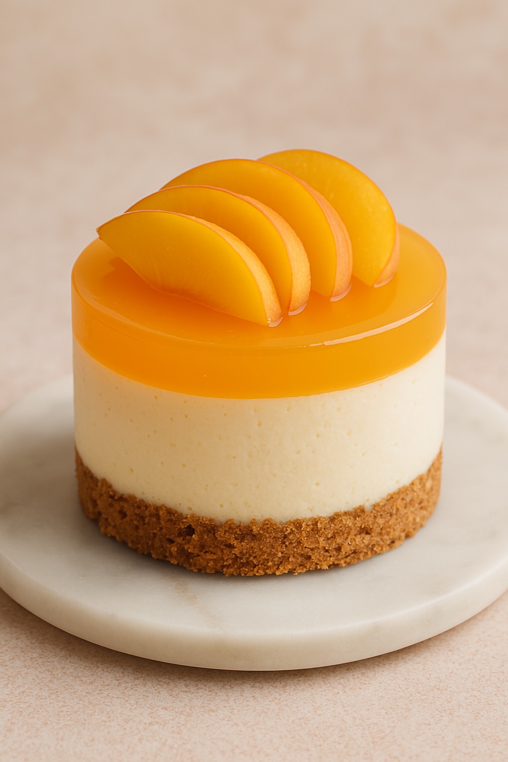 Mini deser z brzoskwiniami na marmurowej podstawce. Kremowa warstwa, galaretka brzoskwiniowa i spód z ciasteczek. Elegancki wygląd, idealny na słodki poczęstunek.