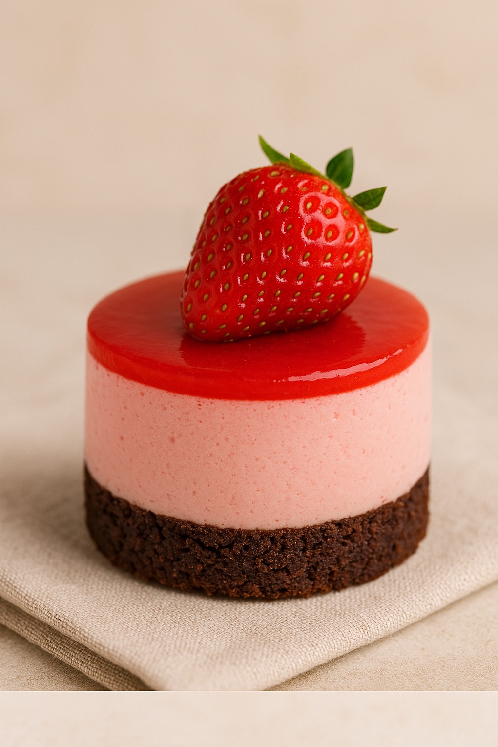Mini tort z truskawkową pianką, polewą i czekoladowym spodem, udekorowany świeżą truskawką na beżowej serwetce. Elegancki deser.