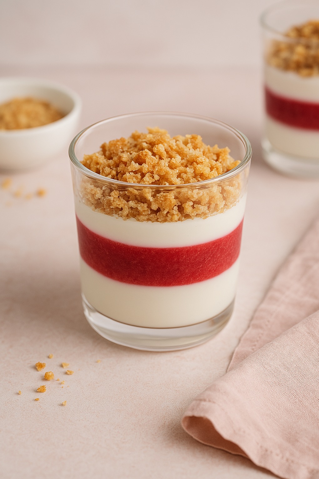 Deser w szklance: warstwy kremu, czerwonego musu i kruszonki na wierzchu. Drugi deser i miseczka z kruszonką w tle. Delikatna kolorystyka, miękkie światło.