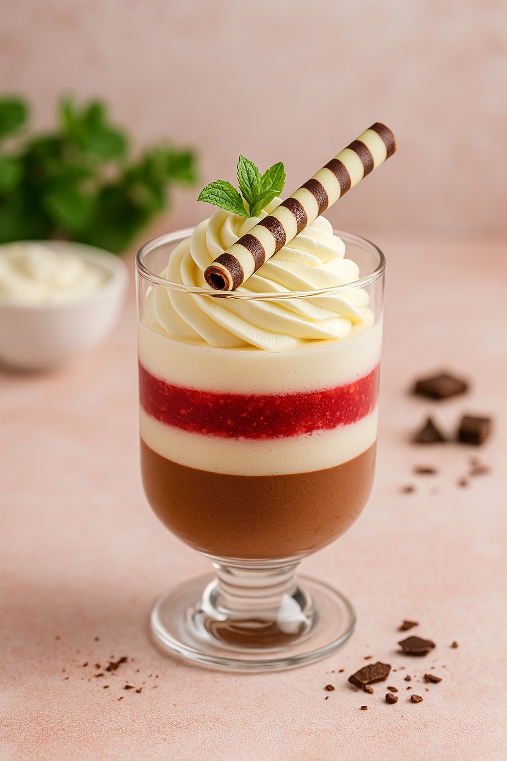 Elegancki deser warstwowy w szklance z dekoracją z czekolady i mięty, prezentowany przez cukiernię z Gdańska. Idealny na słodki poczęstunek.