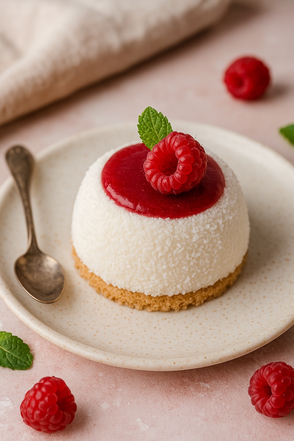 Deser kokosowy z malinową polewą i świeżą maliną na wierzchu, podany na talerzyku z łyżeczką. Dodatkowe maliny i listki mięty wokół.