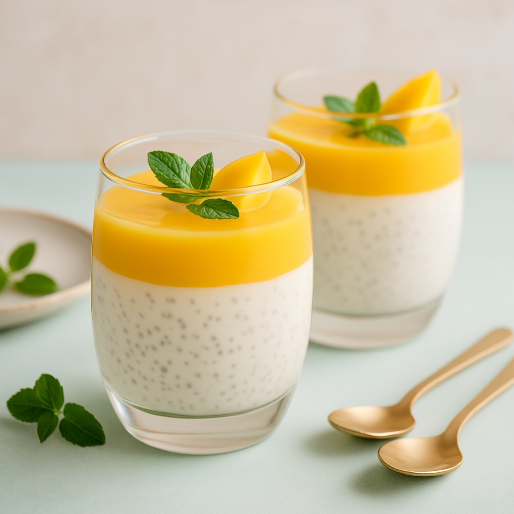 Dwa desery chia z mango w szklankach, udekorowane miętą, na jasnym tle z złotymi łyżeczkami. Gładka, żółta warstwa mango na górze.