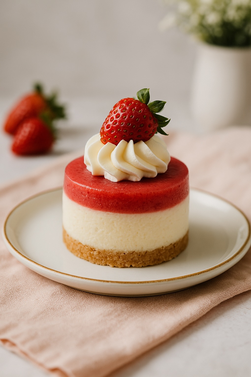 Mini tort z kremem, truskawką na wierzchu i kruchym spodem, na białym talerzu z delikatnym złotym obramowaniem, w tle rozmyte truskawki i wazon z kwiatami.