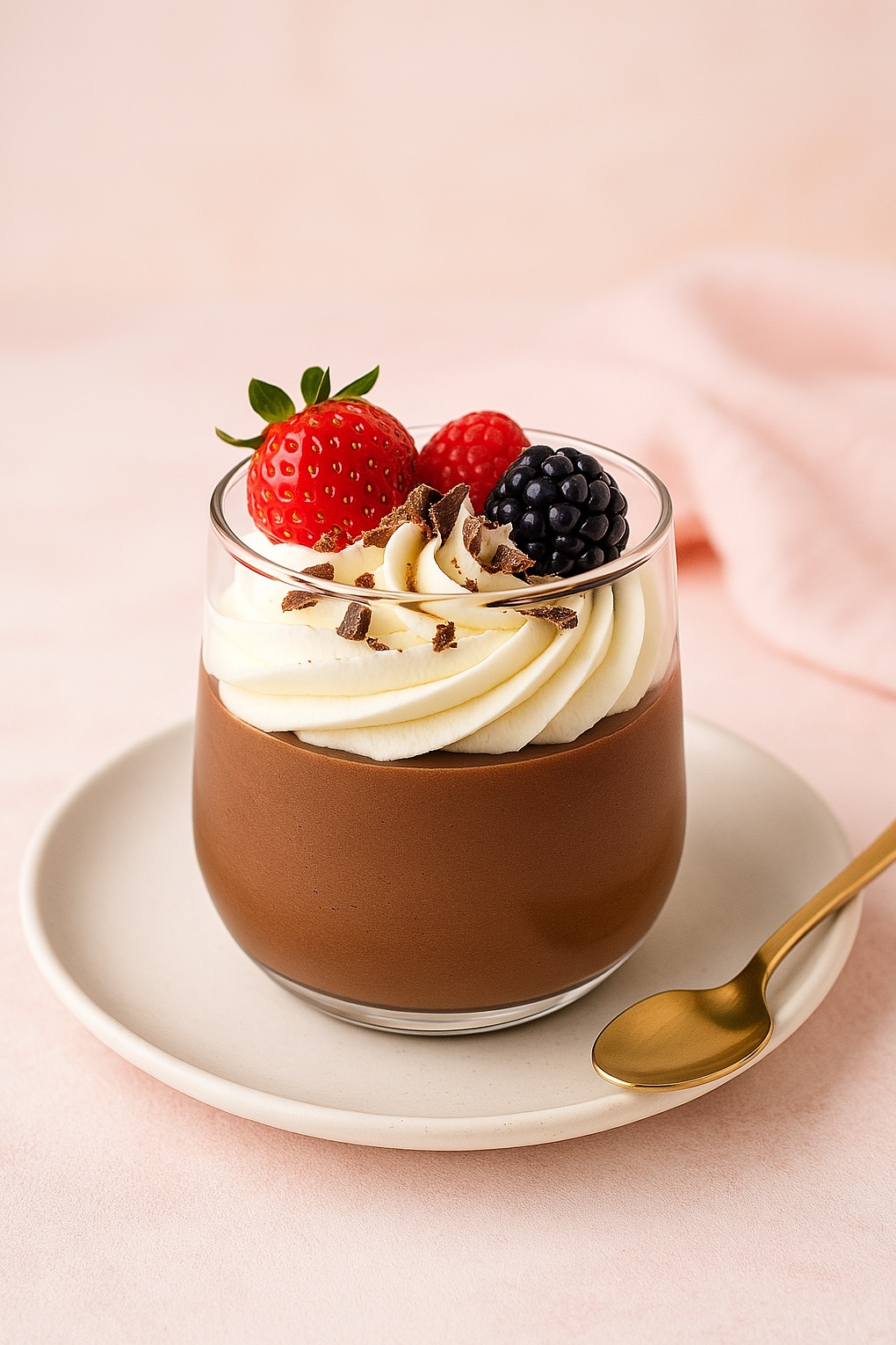 Deser w szklance: mus czekoladowy z bitą śmietaną, truskawką, maliną i jeżyną na talerzyku z złotą łyżeczką na różowym tle.