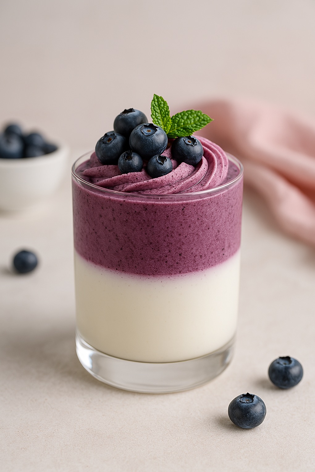 Deser warstwowy w szklance: biała baza, fioletowa pianka, borówki i mięta. Delikatne światło, minimalistyczne tło. Elegancki i apetyczny.