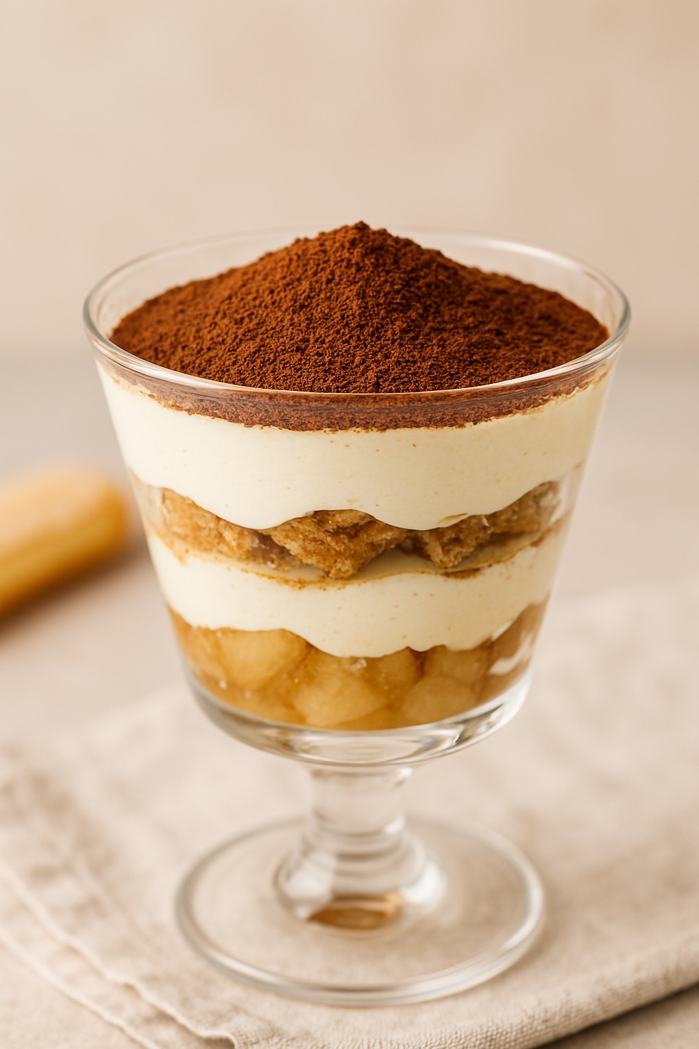 Warstwowy deser tiramisu w szklanym pucharku na beżowej serwetce. Widoczne warstwy kremu, biszkoptów i kakao. Niejasne tło, z boku leży pojedynczy biszkopt.