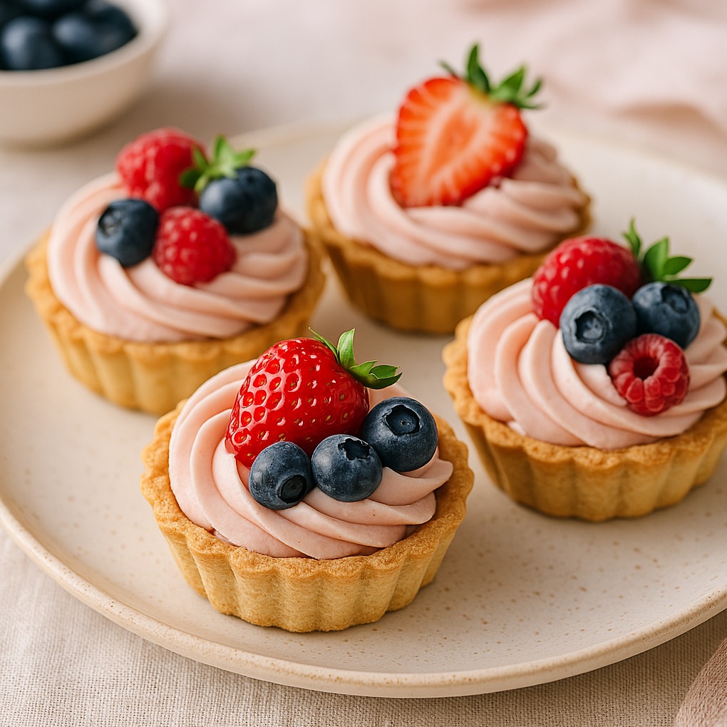 Cztery tartaletki z kremem i owocami (truskawki, maliny, borówki) na talerzu, oświetlone naturalnym światłem, z miseczką borówek w tle.