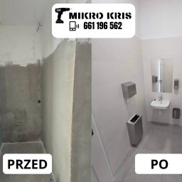 MIKRO KRIS - Łazienka przed i po remoncie: surowe ściany z szpachlą kontra wykończone, białe płytki, umywalka i lustro. Widoczne dozowniki i kosz na śmieci.