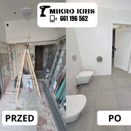 MIKRO KRIS - Remont łazienki: zestawienie 'przed' z surowymi ścianami i 'po' z nowoczesną, wykończoną toaletą w szarościach. Widoczne elementy instalacji i drabina.