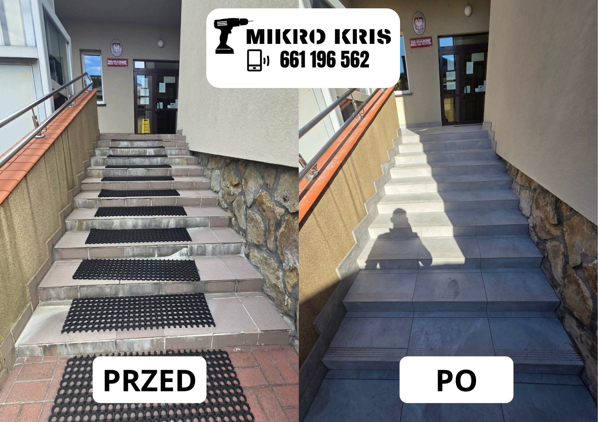 Schody wejściowe do budynku po remoncie, widok 'przed i po'. Po prawej stronie schody wyczyszczone, po lewej z czarnymi wycieraczkami. Widoczny cień osoby.