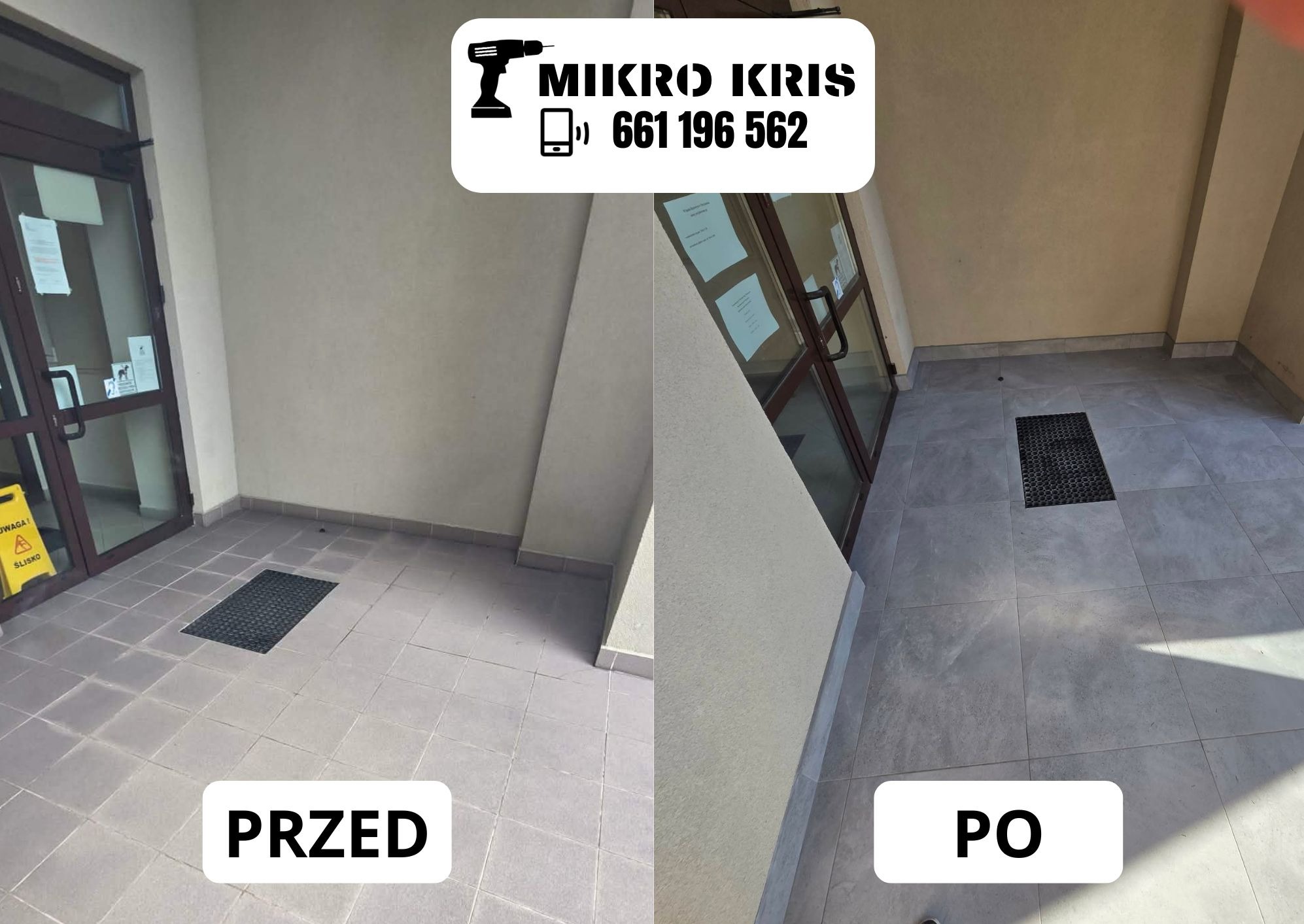 Kafelkowana podłoga przy wejściu do budynku, widok przed i po czyszczeniu. Po prawej stronie podłoga jest czysta, po lewej widać zabrudzenia.
