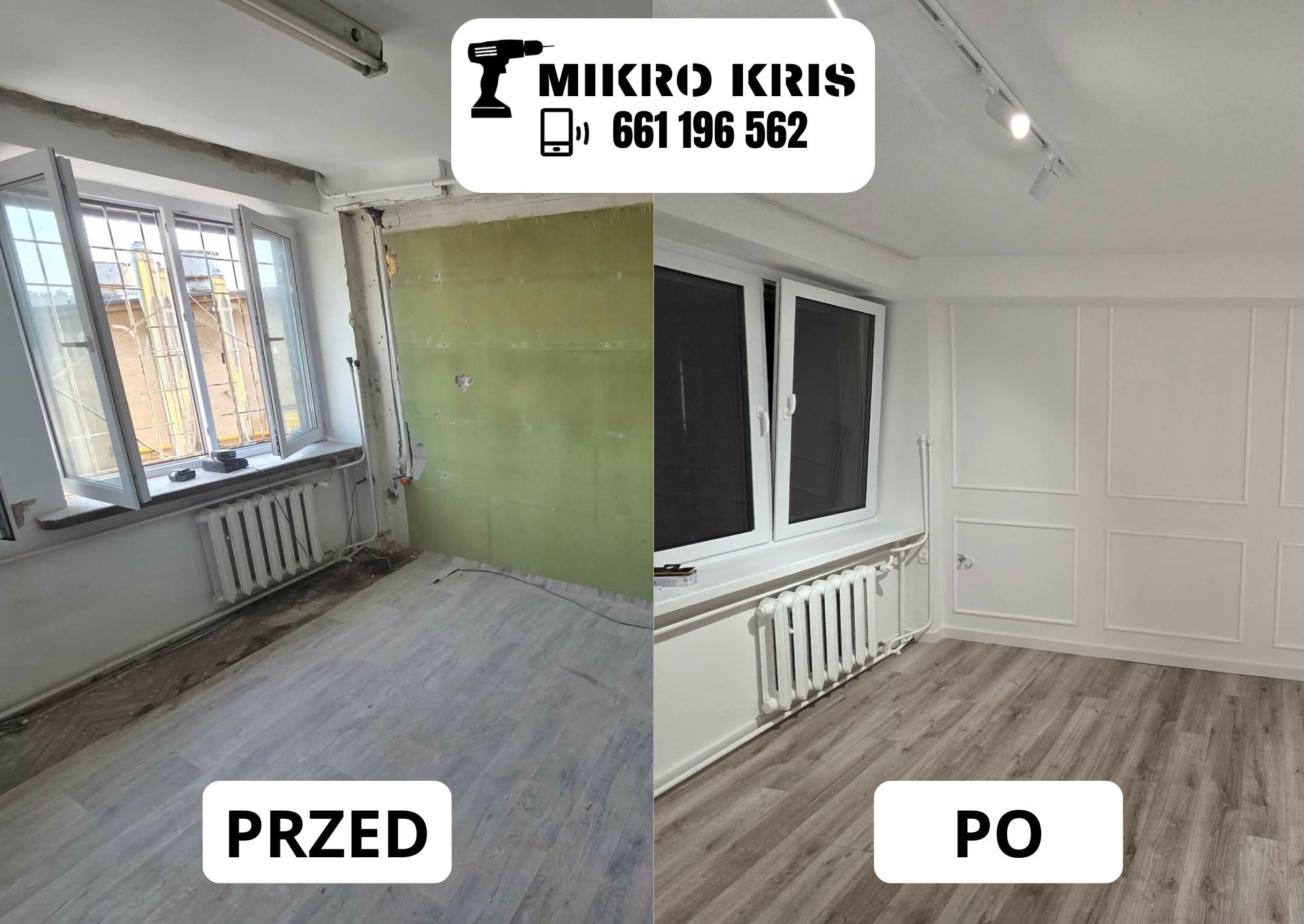 Zdjęcie 'przed i po' prezentujące metamorfozę pokoju: od stanu surowego z odsłoniętą ścianą do wykończonego wnętrza z panelami dekoracyjnymi i nową stolarką okienną.