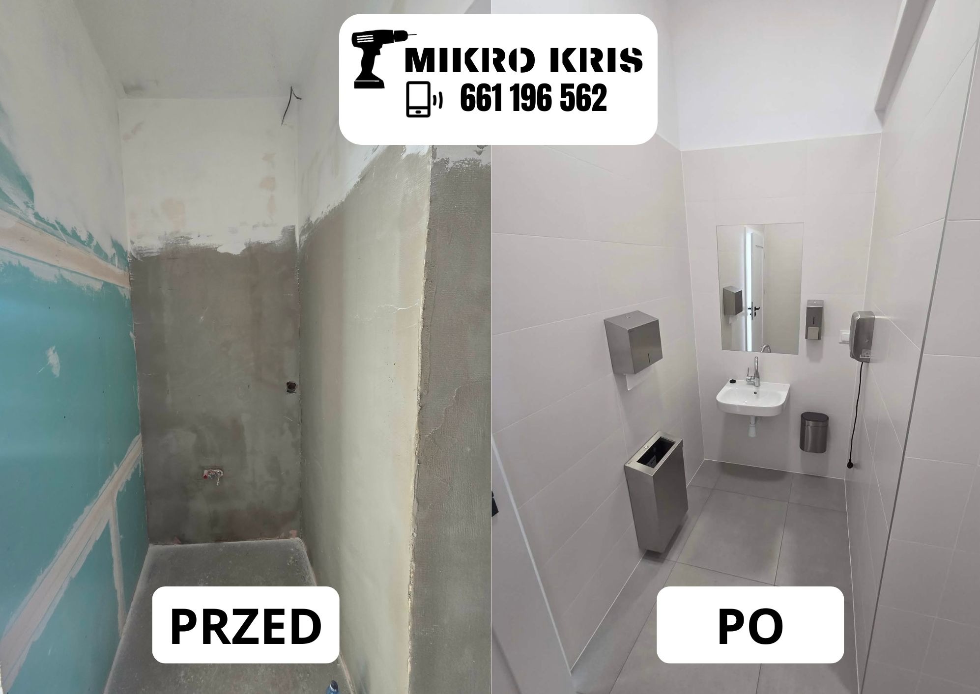 Łazienka przed i po remoncie: surowe ściany z szpachlą kontra wykończone, białe płytki, umywalka i lustro. Widoczne dozowniki i kosz na śmieci.