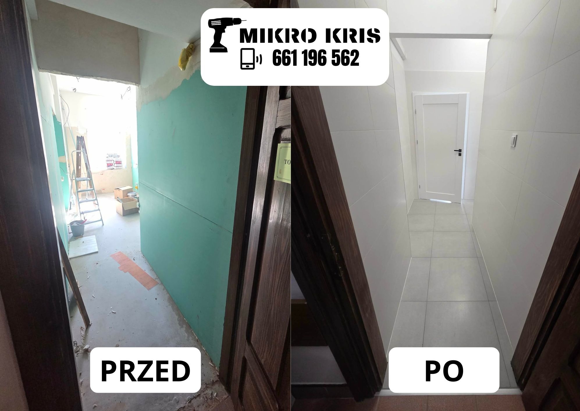 Korytarz w trakcie i po remoncie. Po lewej surowy stan z drabiną, po prawej wykończony, z białymi płytkami i drzwiami. Widoczne brązowe futryny.
