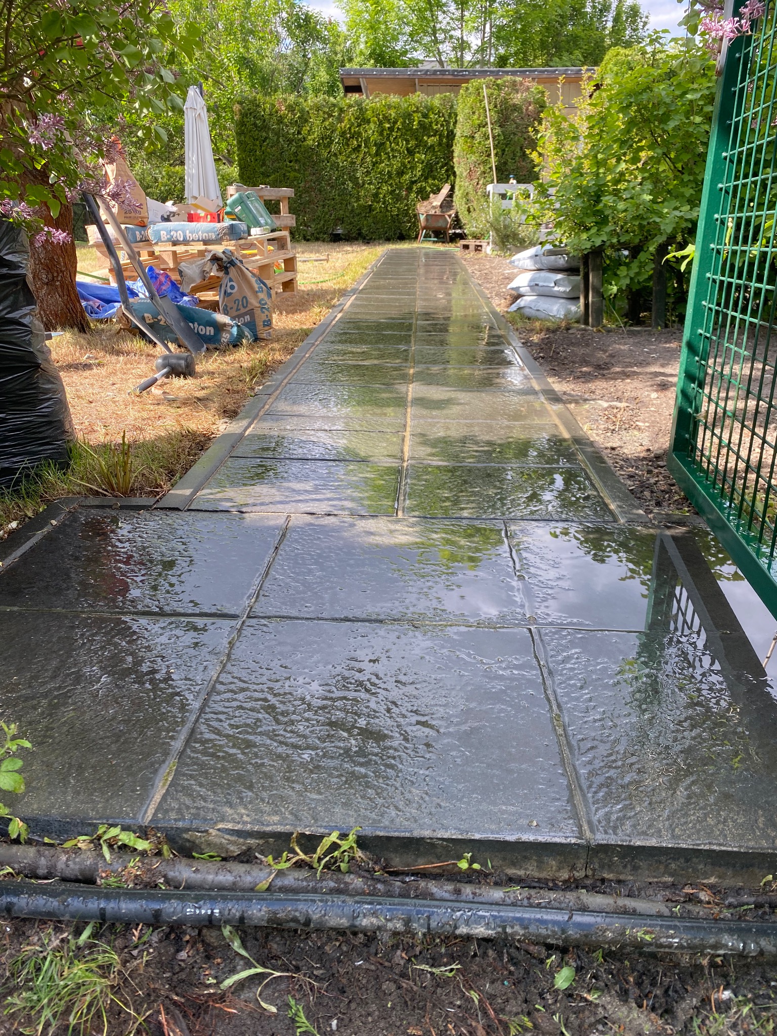 Świeżo ułożony, mokry chodnik z ciemnej kostki brukowej w ogrodzie, z widocznymi materiałami budowlanymi i zielonymi roślinami w tle. Perspektywa z poziomu gruntu.