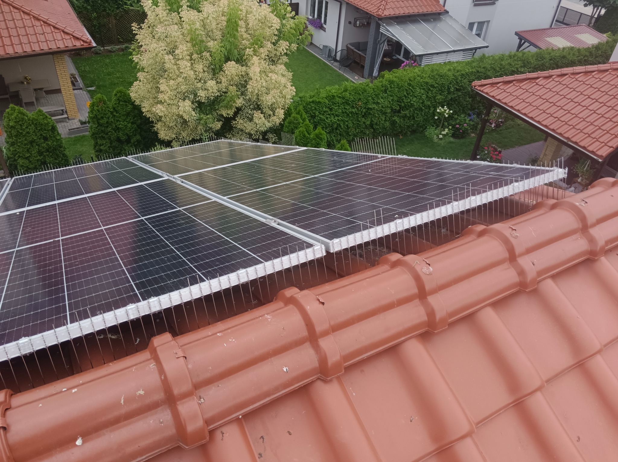 Panele słoneczne na dachu z czerwonej dachówki, zabezpieczone kolcami przeciw ptakom. Widok z góry na instalację fotowoltaiczną w otoczeniu zieleni.