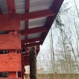 Czerwona drewniana konstrukcja z metalowym dachem, wsparta na pniu drzewa, widok z dołu, w tle ogrodzenie i drzewa bez liści. Konstrukcja z wypełnieniem drewnem.