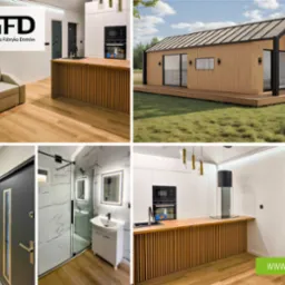 Wnętrze i zewnętrzny widok nowoczesnego domu z drewnianą elewacją, z akcentami w postaci drewnianych paneli wewnątrz. Widoczna kuchnia, łazienka i korytarz.