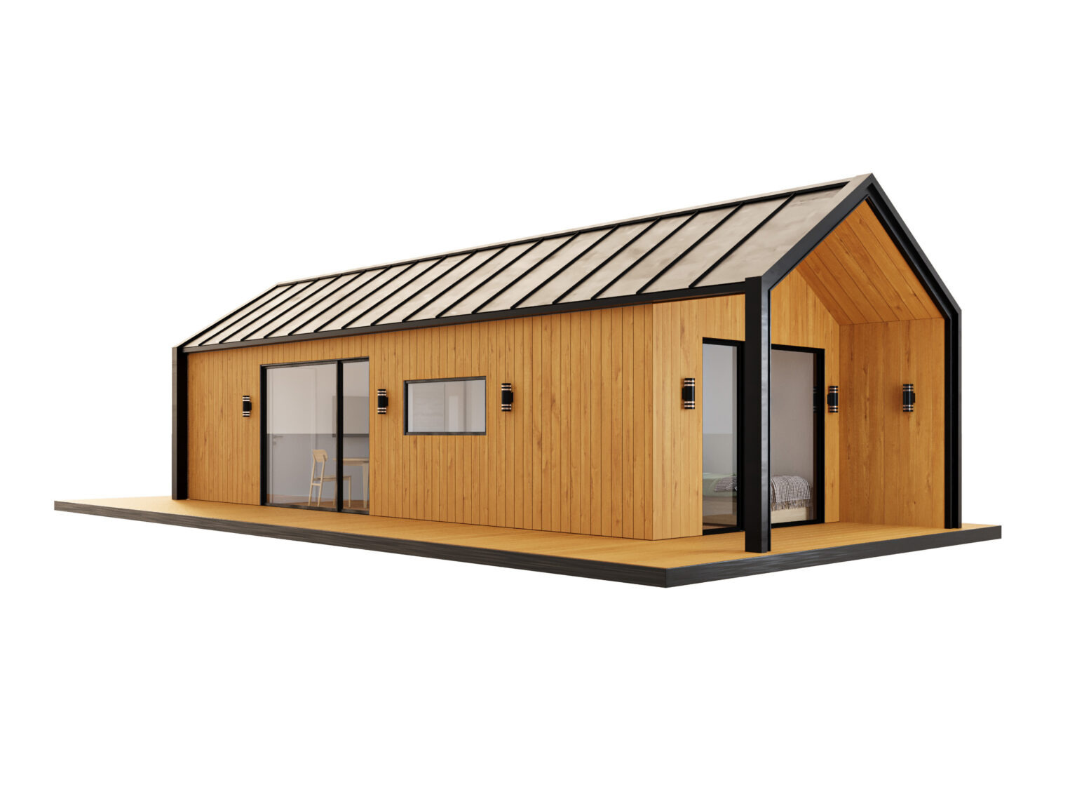 Wizualizacja modułowego domu z drewnianą elewacją, czarną ramą i metalowym dachem. Widoczne przesuwne drzwi i okno. Wnętrze z meblami. Oświetlenie zewnętrzne.