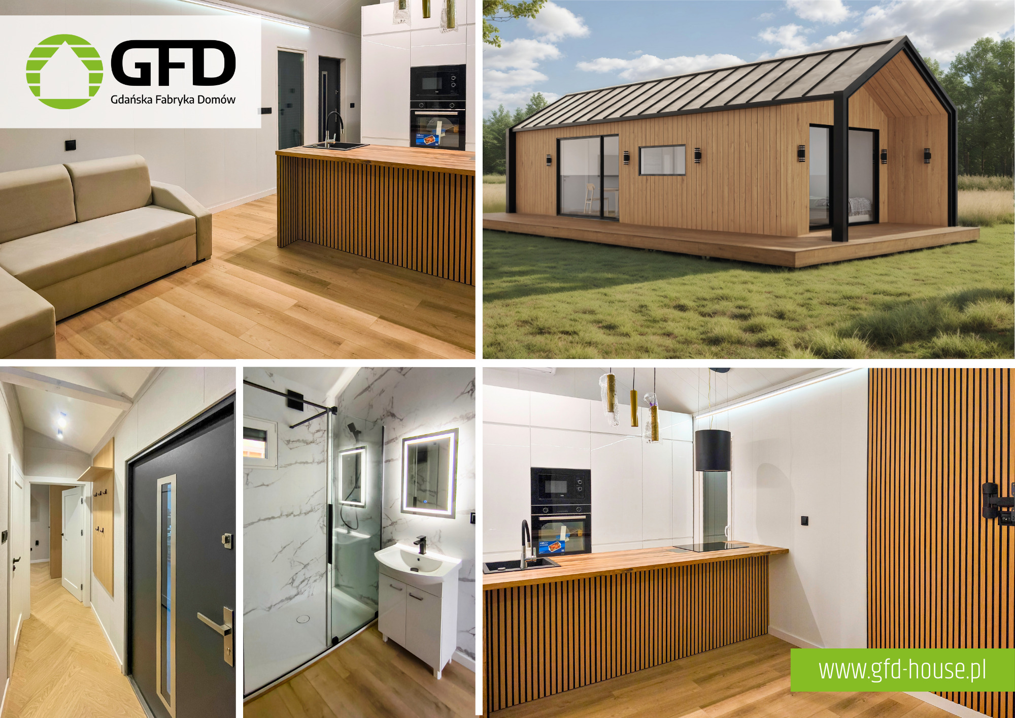 Wnętrze i zewnętrzny widok nowoczesnego domu z drewnianą elewacją, z akcentami w postaci drewnianych paneli wewnątrz. Widoczna kuchnia, łazienka i korytarz.