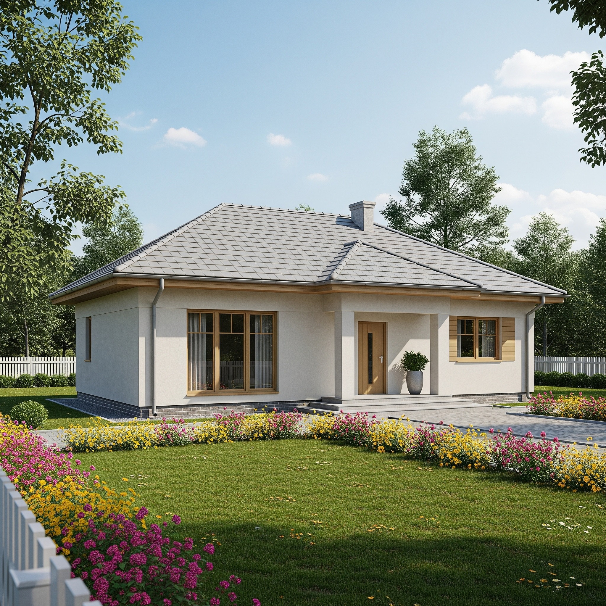 Projekt parterowego domu z szarą dachówką, drewnianą stolarką okienną i zadbanym ogrodem z kwitnącymi rabatami. Realistyczna wizualizacja.