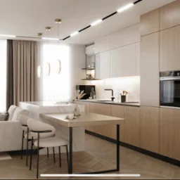 Nowoczesna kuchnia z drewnianymi frontami, marmurowym blatem i wyspą. Minimalistyczne oświetlenie i jasne kolory tworzą przestronne wnętrze.